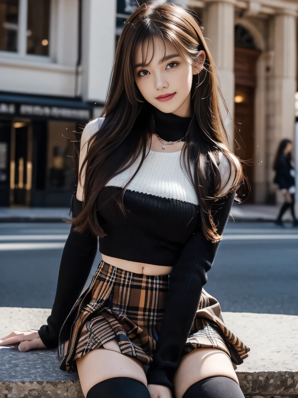 masterpiece, best quality, ultra-detailed, intricately detailed hyperdetailed, realistic, sharp features, highly detailed, sharp focus, (18 years old:1.3), perfect face, perfect symmetrically eyes, perfect full lips, hyper detailed, hyper realistic, high resolution, Fashion Model, Slender, Japanese Idol, brown hair, Stylish, Realistic, Photorealistic:1.3, Beautiful Face, light brown hair, Beautiful hairstyle, (grin), (Black tops:1.2), ((mini plaid skirt, kneehighs)), night spot,
