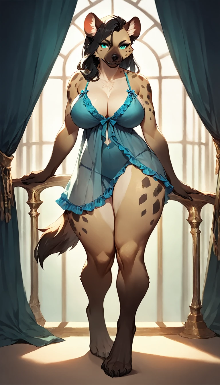 score_9, score_8_up, score_7_up, score_6_up, score_5_up, score_4_up, (solo), female anthro hyena, babydoll_dress, lusty, thick fit body, long black hair, turquoise eyes, (thick thighs:1.5)  partial clothes, (_visible_booba) (she is standing) , giant 