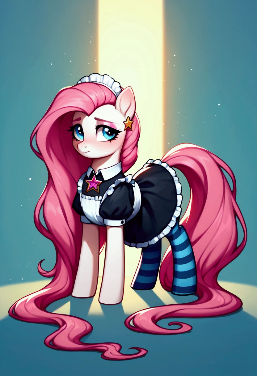 score_9,score_8_up,score_7_up,score_6_up, ((my little pony)), radiant lighting, vibrant colors, whimsical atmosphere, 8K, high resolution, highly detailed, masterpiece, (shy look), (((pony body))), ((brightness white body)), blue eyes, (maid costume), striped stockings, star pendant, earrings, eyeshadow, (very long pink hair:1.3), (((sex worker:1.4)))