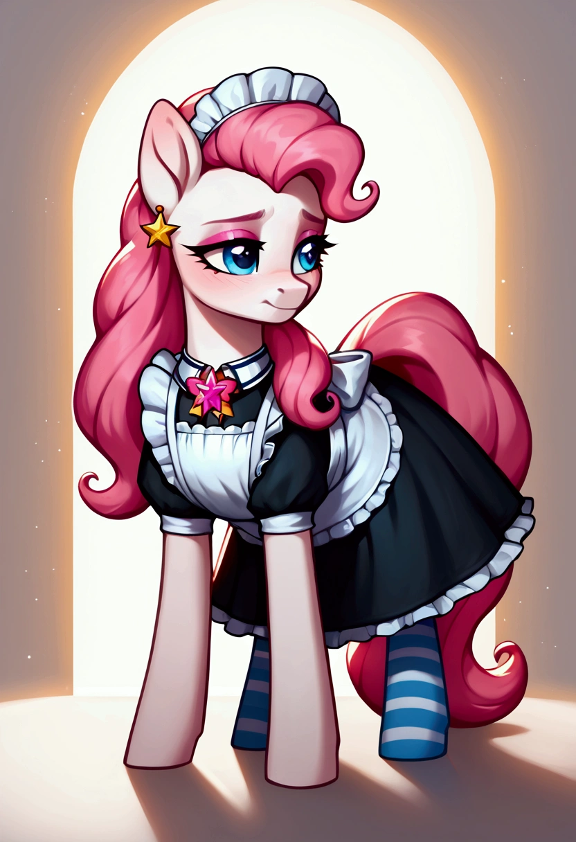 score_9,score_8_up,score_7_up,score_6_up, ((my little pony)), radiant lighting, vibrant colors, whimsical atmosphere, 8K, high resolution, highly detailed, masterpiece, (shy look), (((pony body))), ((brightness white body)), blue eyes, (maid costume), striped stockings, star pendant, earrings, eyeshadow, (very long pink hair:1.3), (((sex worker:1.4)))