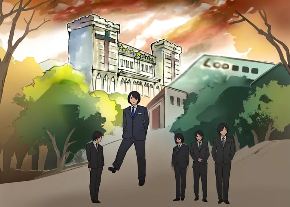 7 men in suits dying, trees and bushes