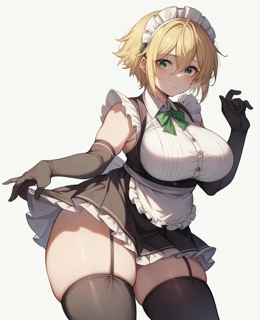 (One girl)、(short hair)、((Blonde))、(Sato Air)、(boyish)、((Big super breasts))、(Chubby)、beautiful girl、(Big thighs)、green eye、Maid clothes、No sleeve、mini skirt、White sleeveless、((hairs between eyes))、((thigh-high socks thighhighs))、(long gloves)、say、White Background、