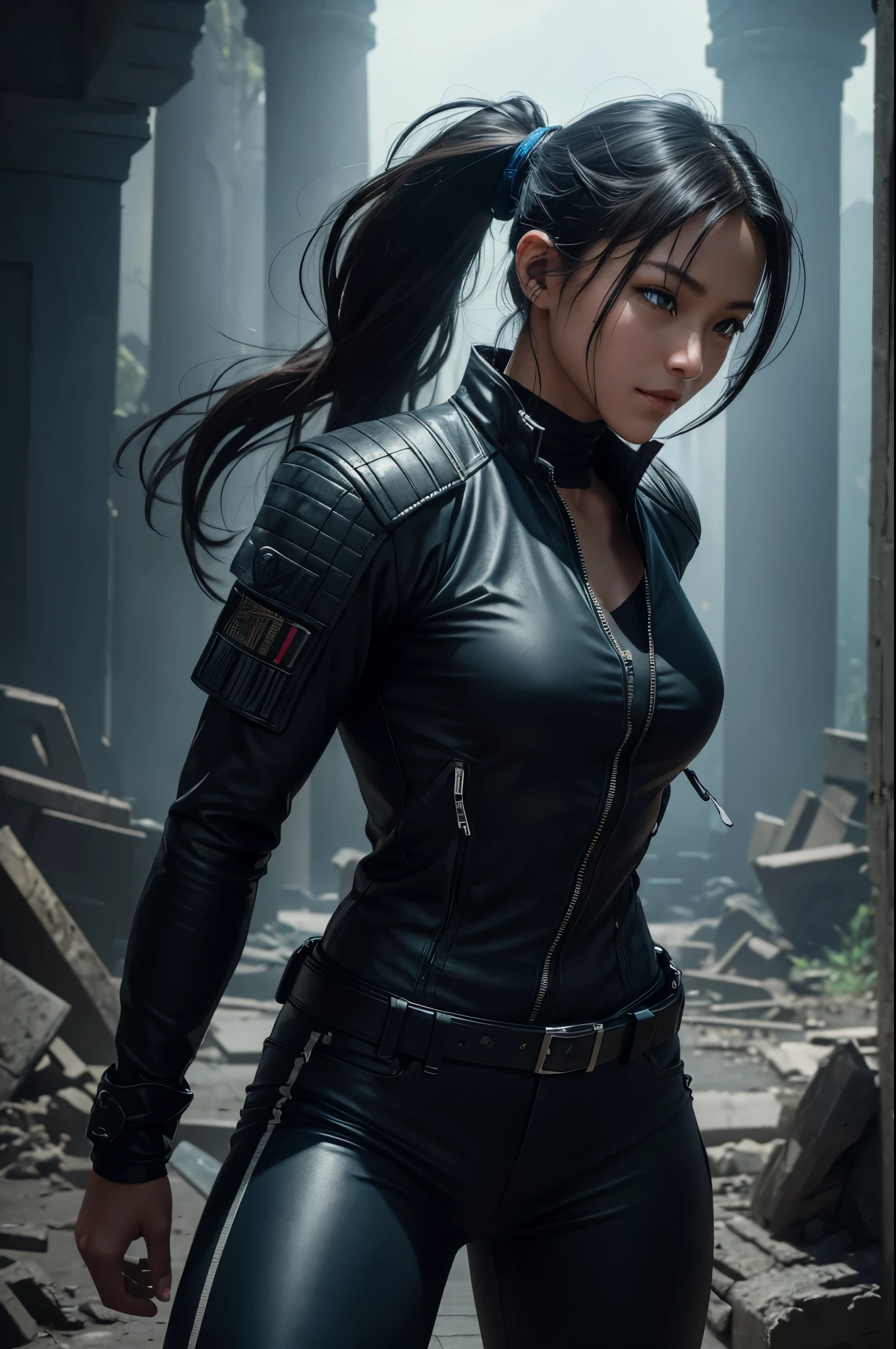 8K,younger sister,so beautiful(Like the real thing),Toned, muscular body,sexy,clear narrow eyes,black eye,Cool smile,Blue combat jacket,Black Shirt,Black combat pants,short,Compensate,Ultra-Realistic Skin,compensate,masterpiece,Photorealistic RAW photos of the highest quality。Bright colors,Rich colors, Backlight, Cinema Lighting, Film Grain, 50mm lens, Nikon D850,Detailed character art,Fantasy art,Ultra-high resolution,Ultra-Realistic Skin,Perfect hand shape,In front of the abandoned temple,Beautiful expression,close,Very small breasts,Muscular Beauty,Dynamic fighting pose,ponytail,