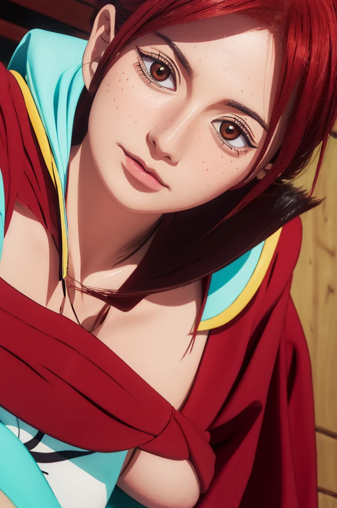 Tafah, Best quality, {Best quality}, {{Tafah}}, {High accuracy}, to focus, Anime style, Close-up of a cartoon of a woman, Design Girl, painting, Army, Anime image, شعر long, Red poetry, Red hair, straight eyes, Polished and sturdy look, strange, long, Freckles, cheery, Smart casual clothes, Colorful, Colors Big ass, big tits, tight clothes, sex