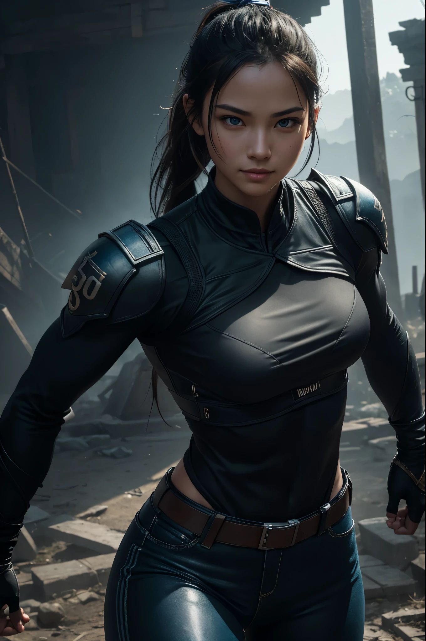 8K,younger sister,so beautiful(Like the real thing),Toned, muscular body,sexy,clear narrow eyes,black eye,Cool smile,Blue combat jacket,Black Shirt,Black combat pants,short,Compensate,Ultra-Realistic Skin,compensate,masterpiece,Photorealistic RAW photos of the highest quality。Bright colors,Rich colors, Backlight, Cinema Lighting, Film Grain, 50mm lens, Nikon D850,Detailed character art,Fantasy art,Ultra-high resolution,Ultra-Realistic Skin,Perfect hand shape,In front of the abandoned temple,Beautiful expression,close,Very small breasts,Muscular Beauty,Dynamic fighting pose,ponytail,