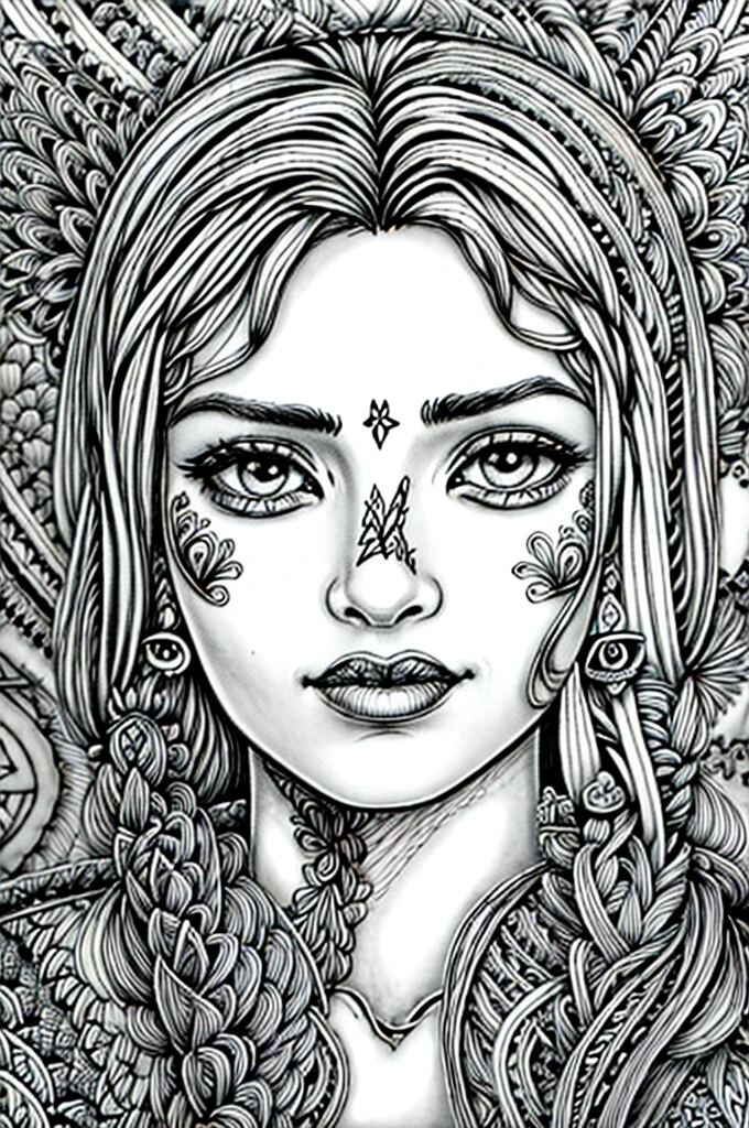 rmx, (zentangle style:1.2), line art drawing of Nichameleon, close up on face, focus on eyes, surrounded by numerology symbols