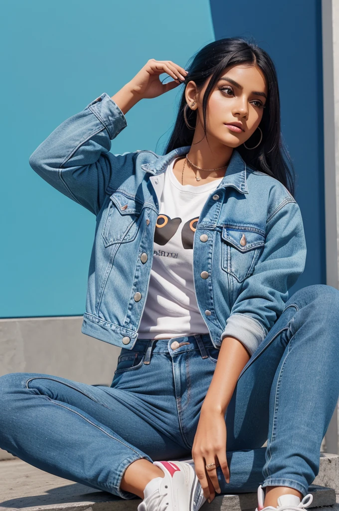 Create a 3D illustration of an animated character sitting casually on top of a social media logo "ram kanhar". The character must wear casual modern clothing such as jeans jacket and sneakers shoes. The background of the image is a social media profile page with a user name "YourName" and a profile picture that match.