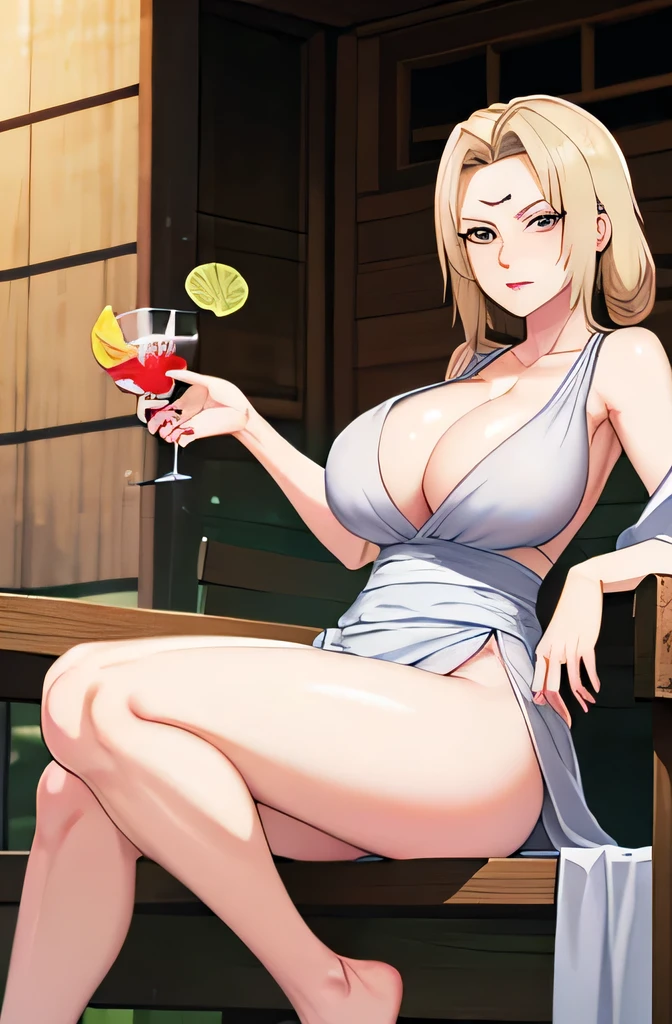 Madura Tsunade Senju ((whole body)), wearing white dress with a drink in her hand watching, big breasts, defined legs, Yellow hair, a close