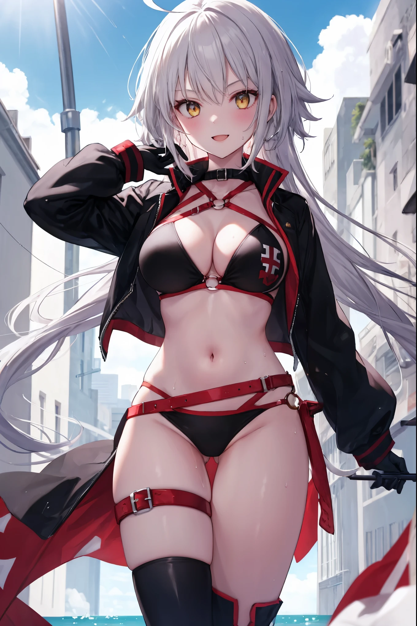 masterpiece, best quality, 1girl, , silver hair, ahoge, gold_eyes, shaggy_long_hair,,large_tits, , blue sky,covered_groin,covered_nipples,solo,young_teen,,open_legs,knee_boots,crotch_armor,cowboy_shot,crotch, asymmetrical legwear, long hair, bikini, black bikini, black gloves, gloves, long sleeves, navel, o-ring, o-ring bikini, o-ring bottom, o-ring top, puffy long sleeves, puffy sleeves, red legwear, single thighhigh, swimsuit, thigh strap, thighhighs, uneven legwear,smile,nihil,open_mouth,angry,oil,wet,sweat,grhn,(angry:0.7)