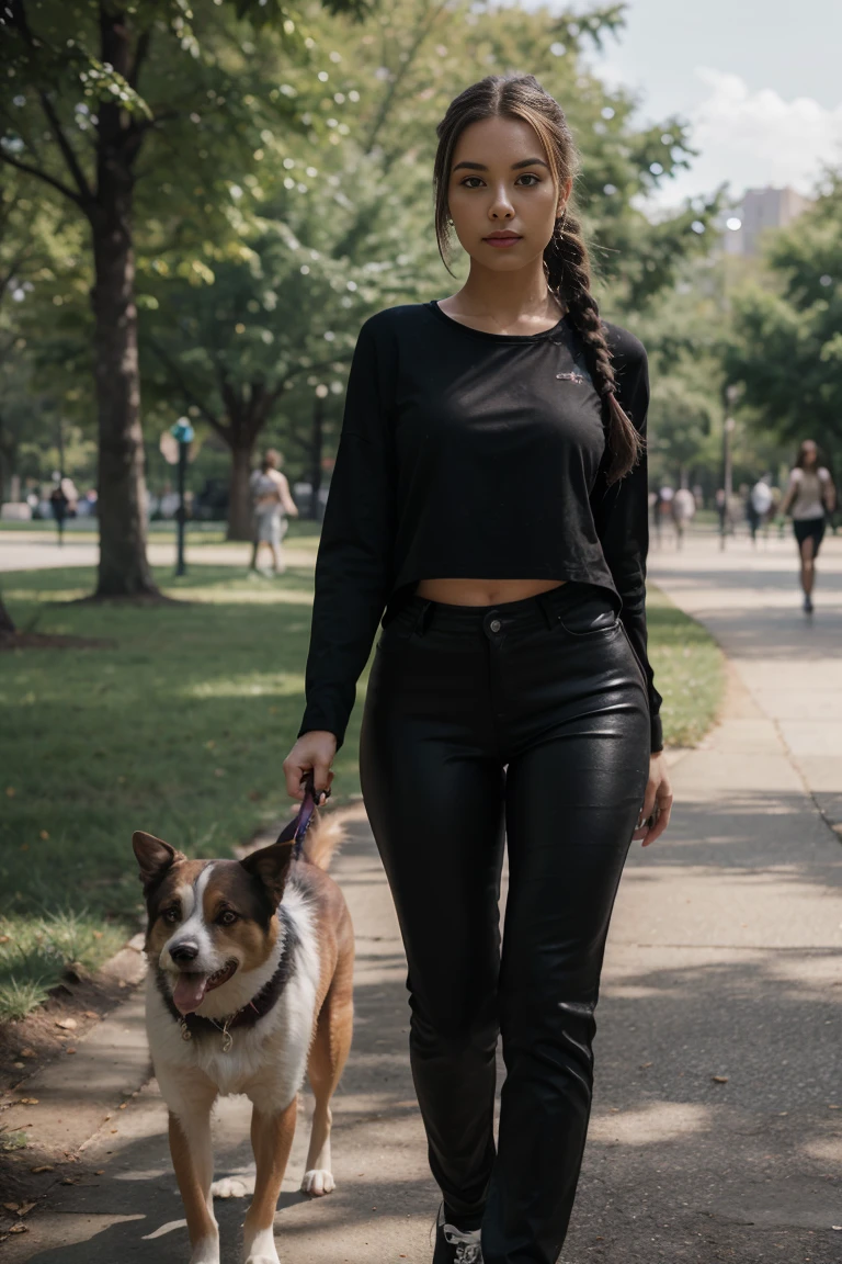 a young woman, in a black shirt, full body , in the park , beautiful detailed eyes, beautiful detailed lips, walking her dog, wears long, tight pants, her hair is braided
