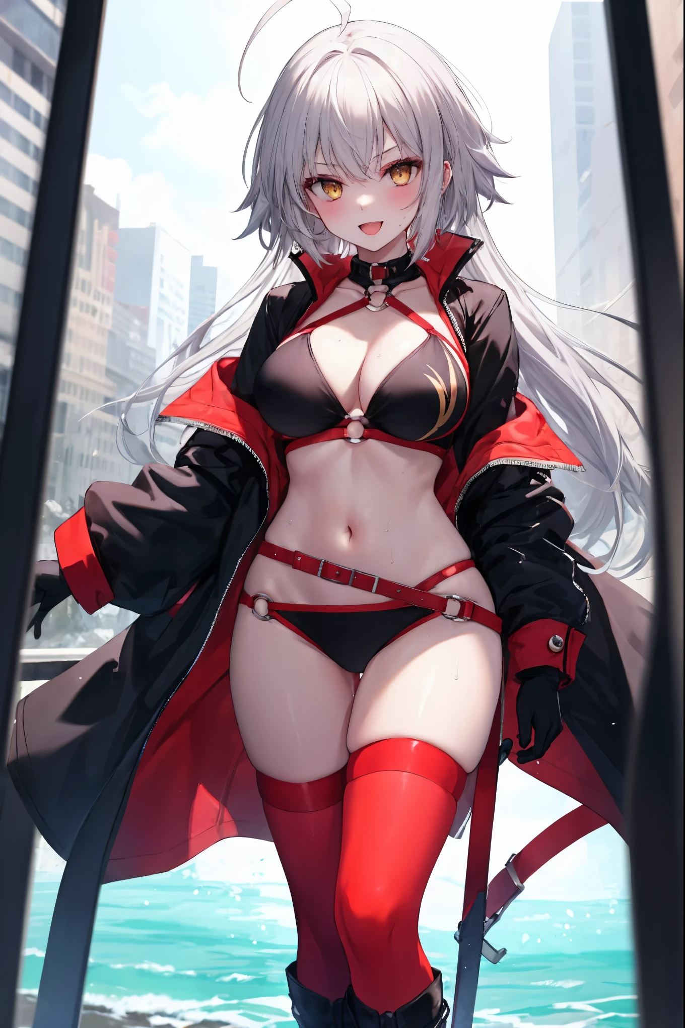 masterpiece, best quality, 1girl, , silver hair, ahoge, gold_eyes, shaggy_long_hair,,large_tits, , blue sky,covered_groin,covered_nipples,solo,young_,,open_legs,knee_boots,crotch_armor,cowboy_shot,crotch, asymmetrical legwear, long hair, bikini, black bikini, black gloves, gloves, long sleeves, navel, o-ring, o-ring bikini, o-ring bottom, o-ring top, puffy long sleeves, puffy sleeves, red legwear, single thighhigh, swimsuit, thigh strap, thighhighs, uneven legwear,smile,nihil,open_mouth,angry,oil,wet,sweat,grhn,(angry:0.7)