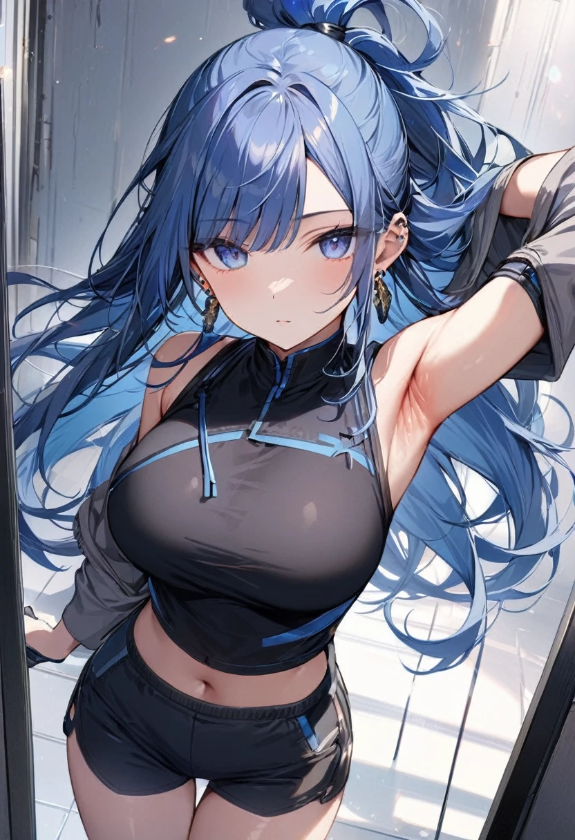 masterpiece, best quality, 1girl, solo, adult, blue hair, long hair, hair tied at the back, hair with front middle bangs, earrings, blue eyes, detailed face, gray jacket, jacket with open sleeves, large breasts, armpit, shorts, infront of viewer, empty look, short gloves,