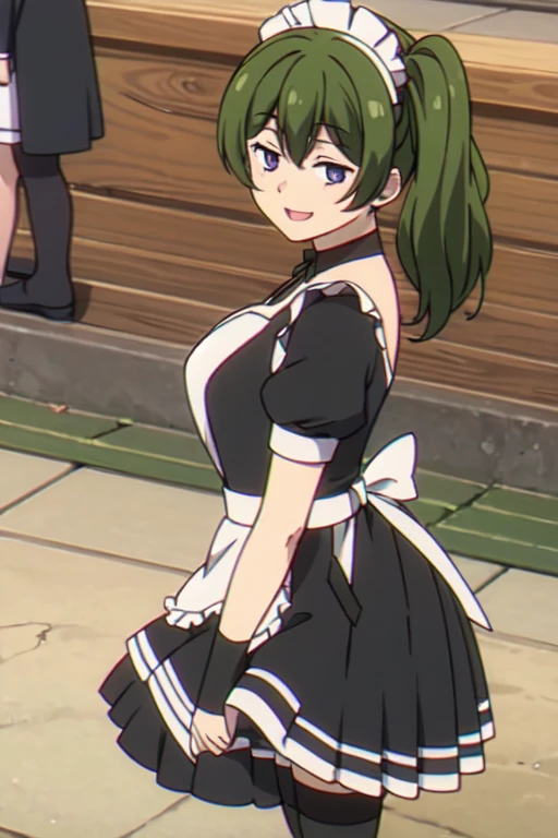 ((Bestquality))),((Ultra-detailed)),((illustration)),((Disheveledhair)),((frilld)),(1girl),(Solo),
1girl,lifted_by_self,looking_at_viewer,open_mouth,solo,rating:safe,apron,black_footwear,black_shoes,clothes_pull,clothing,:d,female,footwear,legwear,long_hair,maid,maid_apron,makaria,open-mouth_smile,puffy_sleeves,shoes,skirt,skirt_hold,skirt_lift,skirt_pull,maid_skirt,smile,standing,white_legwear,
purple eyes,green hair,Right side ponytail,