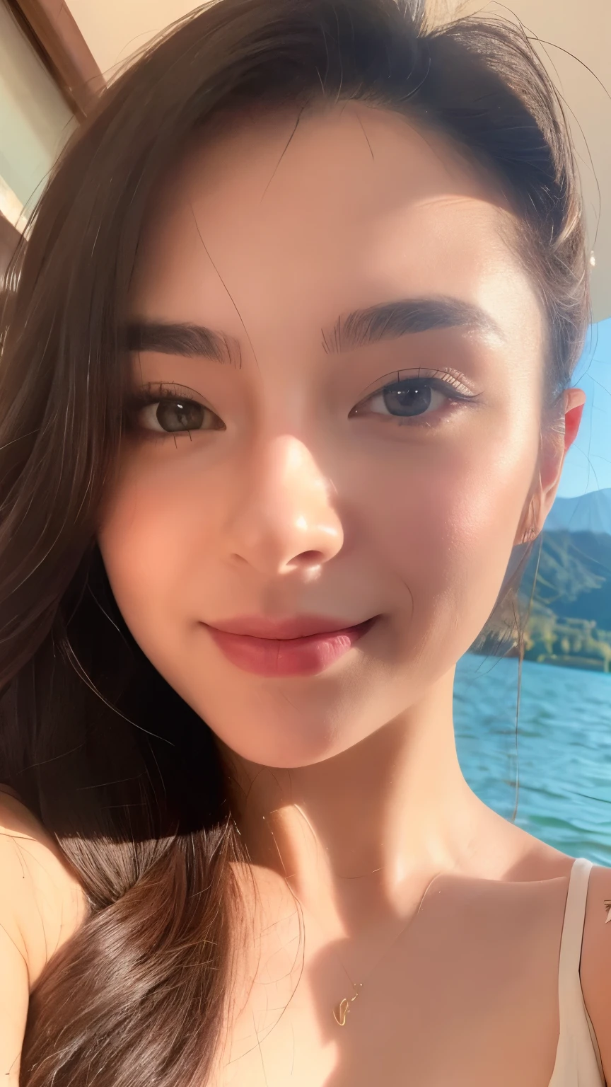 Instagram model((The phone does not appear in the screen)),The perspective of the selfie screen shows a plump woman with a ponytail., Exquisite facial features,anna nikonova,seductive smile, Lovely woman, ((A selfie of Lake&#39;s upper body in the background, Pleasant)), Attractive girl, Beautiful model sitting on a stone by the water,Left hand raised,The woman raised her head and looked to the left,masterpiece, best quality, Super detailed,alone, outdoor, (daytime), Qingshan, Blue sky and white clouds, nature, (lakeside,Lake Reflection,forest) Pleasant, Half-length leather gloves with exposed fingers, black sports bra, forest, rock, Lake, shadow, contrast,Clear skies, angelina stroganova, Attractive girl, beautiful model,.Arav woman in black bikini, anna nikonova又名Newmilky, portrait of sophie mudd, jaw-dropping beauty, On the Lake, jaw-dropping beauty, Instagram model, looking sexy at camera, in mountains, 24 year old female model, brown hair and perfect body, 1 8 Yes, angelina stroganova