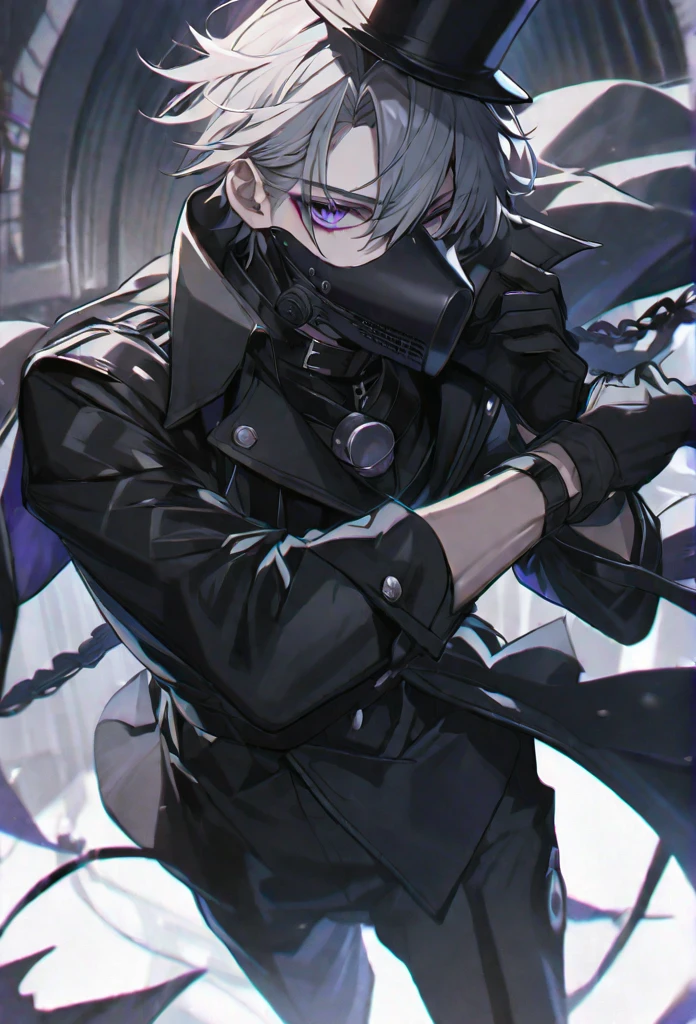 solo, handsome, 1 male, short hair, gray hair, purple eyes, black coat, black plague doctor mask, black gloves, black top hat