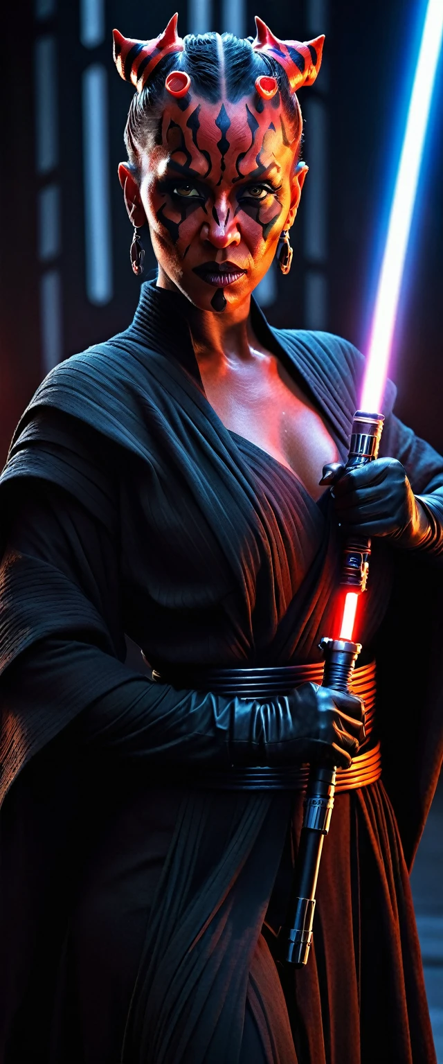 cinematic star wars, female darth maul, (best quality,4k,8k,highres,masterpiece:1.2),ultra-detailed,(realistic,photorealistic,photo-realistic:1.37),intricate details, dynamic pose, dramatic lighting, intense colors, cinematic composition, sci-fi setting, dark fantasy, glowing lightsaber, flowing robes, piercing eyes, fierce expression, muscular build, (female character:1.4), elegant headdress, powerful presence