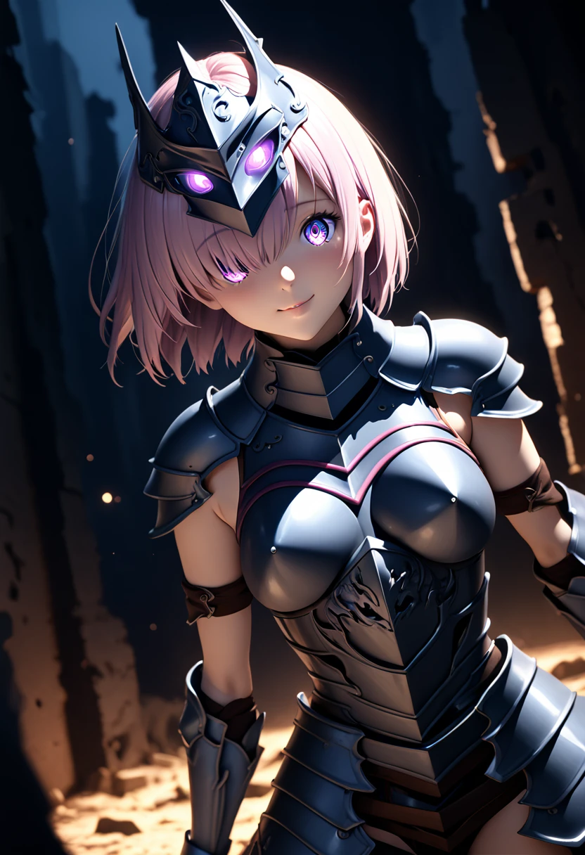 (masterpiece, top quality, best quality, beautiful and aesthetic:1.2), full body, SFW, extremely detailed, detailed eyes, detailed hands, cinematic light, depth of field, 1girl, seducing smile, solo, official, (full armored knight:1.4), dark armor, full-faced helmet that hides the face, mash kyrielight, slim body, cinematic lighting, dramatic lighting, dramatic atmosphere, hyper-realistic, high resolution, stunning contrast, high quality, best quality, 8k, 4k, intricately detailed, (amazing details:1.2), highly detailed skin, powerful presence, vibrant colors, (detailed eyes:1.2), striking eyes, (detailed background), (warzone on background, night, ruins), (dynamic angle:1.2), (dynamic pose:1.2)