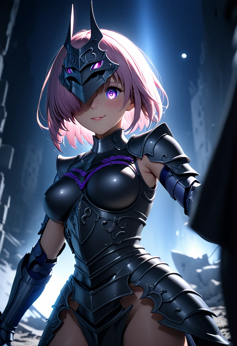 (masterpiece, top quality, best quality, beautiful and aesthetic:1.2), full body, SFW, extremely detailed, detailed eyes, detailed hands, cinematic light, depth of field, 1girl, seducing smile, solo, official, (full armored knight:1.4), dark armor, full-faced helmet that hides the face, mash kyrielight, slim body, cinematic lighting, dramatic lighting, dramatic atmosphere, hyper-realistic, high resolution, stunning contrast, high quality, best quality, 8k, 4k, intricately detailed, (amazing details:1.2), highly detailed skin, powerful presence, vibrant colors, (detailed eyes:1.2), striking eyes, (detailed background), (warzone on background, night, ruins), (dynamic angle:1.2), (dynamic pose:1.2)