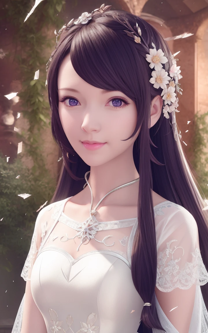 a beautiful detailed portrait of 1 girl with gorgeous eyes, delicate lips, cute anime-style face, and long white hair, wearing a white dress, standing in a shattered environment, surrounded by intricate, detailed plant illustrations, dramatic lighting, high-quality, hyper-realistic, award-winning, CGSociety style, Midjourney and Greg Rutkowski inspired, best quality, extremely detailed