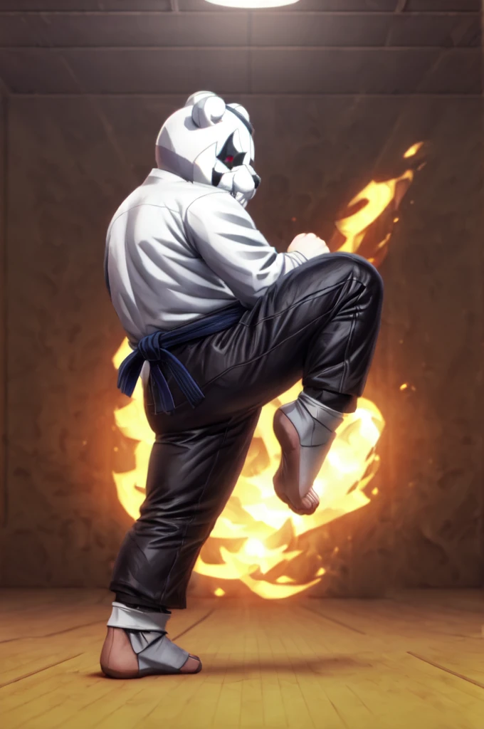 (((Barefoot furry character, full body, cinematic setting, furry male, plantigrade)))

(((monokuma))), bear, grin, teeth, half black and half white, judo, blue kimono, (((ankle braces))), (((martial art footwear)))

BREAK, masterpiece, ((detailed background)), ((dynamic background)), 8K, (masterpiece:1.5), intricate details, highly detailed, extreme detail, octane render, unreal engine, fine art, best quality, highres, (detailed face:1.5), ((full_body)), UHD, (((perfect hands))), low light, set at night