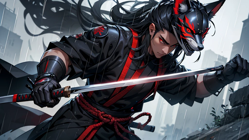 create cyber samurai with black armor, long hair, red eye, fox mask, and katana in the middle of rain