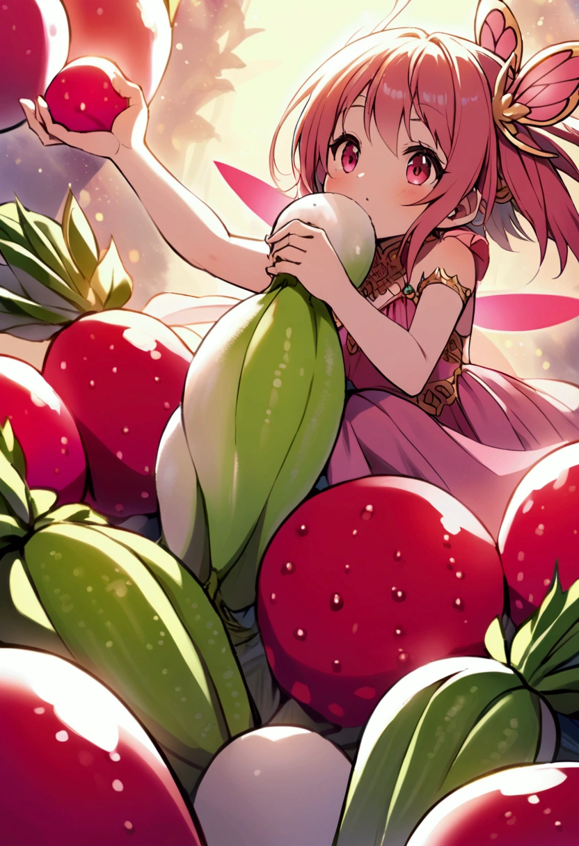 a  fairy flying over a pile of  red Radishes , holding one Radish on her hand