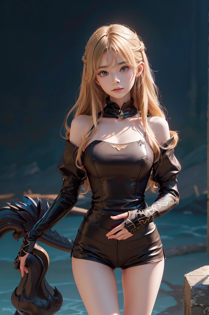 Polychrome,, night, dark, blonde, Show Viewer, In-person audience, Limited Edition Palette, Dragon Background, Shine,(Highly detailed CG Unity 8k wallpaper),(masterpiece), (Highest quality), (Vaporwave Style), (Super detailed), (Best illustrations),(Best Shadow),Perfect lighting , Perfect Anatomy , Vibrant colors、