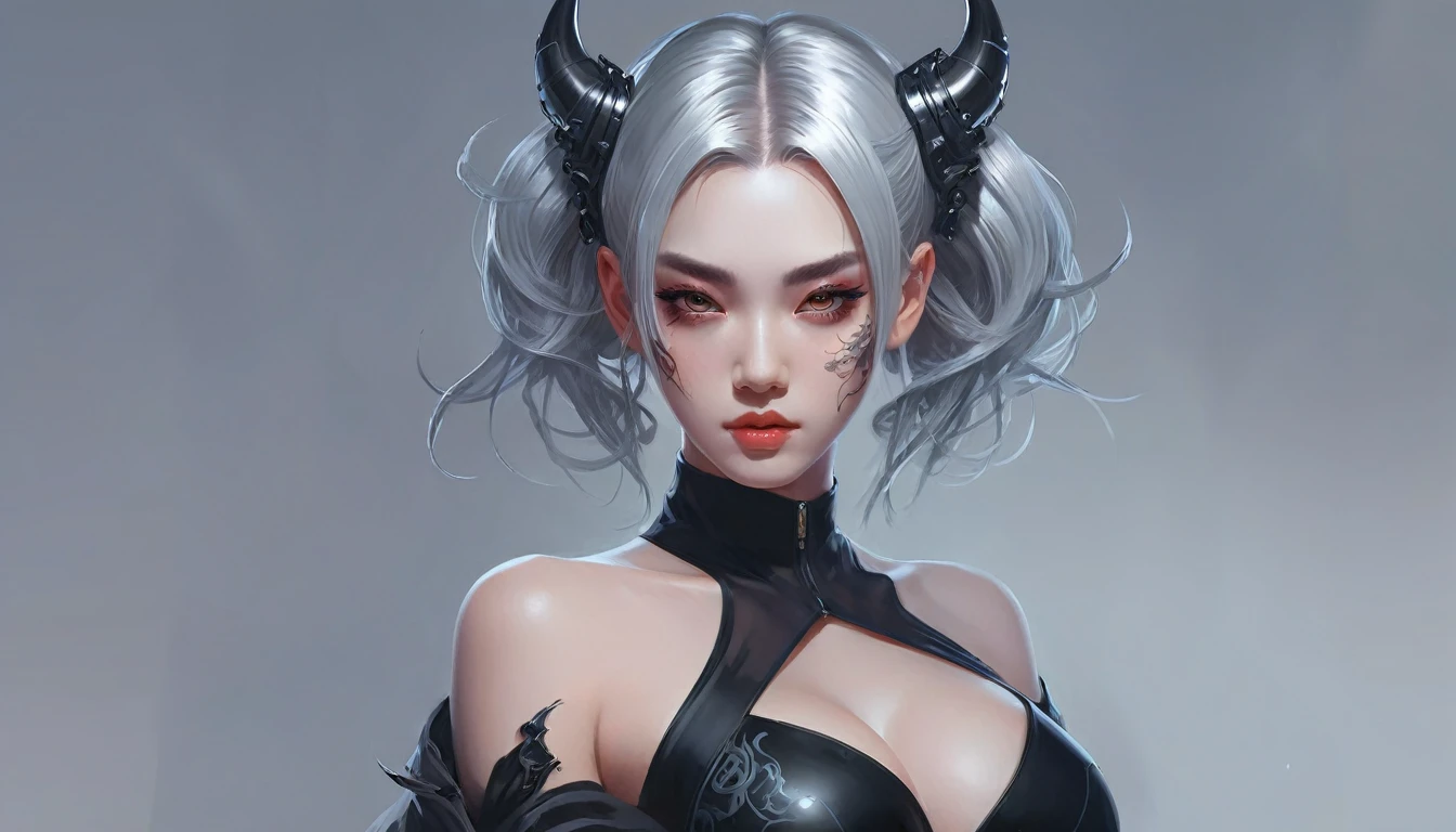 puffy woman with a tattoo on her face and a black dress, portrait of demon girl, inspired by Yanjun Cheng, non-style artwork by guweiz, a beautiful art illustration, digitalpainting | intricate, stunning digital illustration, demon girl, cyborg - girl with silver hair, beautiful cyberpunk girl face, deviantart artstation cgscosiety