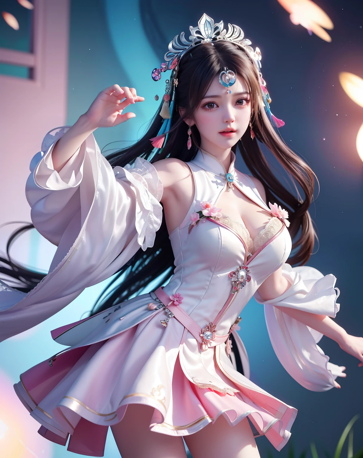(8k, RAW photo:1.2), best quality, ultra high res,dramatic angle,(fluttered detailed color splashs), (illustration),(((1 girl))),(long hair),(rain:0.9), (Headdress:1.4),There is an ancient palace beside the girl,Hanfu,(Key Points),Color ink painting,(Splash of Color),Splash of Color,(((colorful))),(sketch:0.8) , Masterpiece, best quality, beautiful painted, highly detailed,(denoising:0.6),[splash ink],((ink refraction)), (beautiful detailed sky),moon,highly,detaild,(masterpiece, best quality, extremely detailed） CG Unity 8k Wallpaper，masterpiece，best quality，Ultra Detailed），（Lycoris）.shoulder ballet dress open V-chested clothes Thin silk lace dress short skirt , (huge ，cleavage),, white pink, blue ，best qualtiy，tmasterpiece，Ultra-high resolution，（Reality：1.4），RAW photogr，（True skin texture：1.3），（filmgrain：1.3），（Selfie angle），1个Giant Breast Girl，Beautiful eye and face details，tmasterpiece，Best quality at best，，The chest more exposed， detailed hair, bra pink , detail 8k, full body, lace petticoat