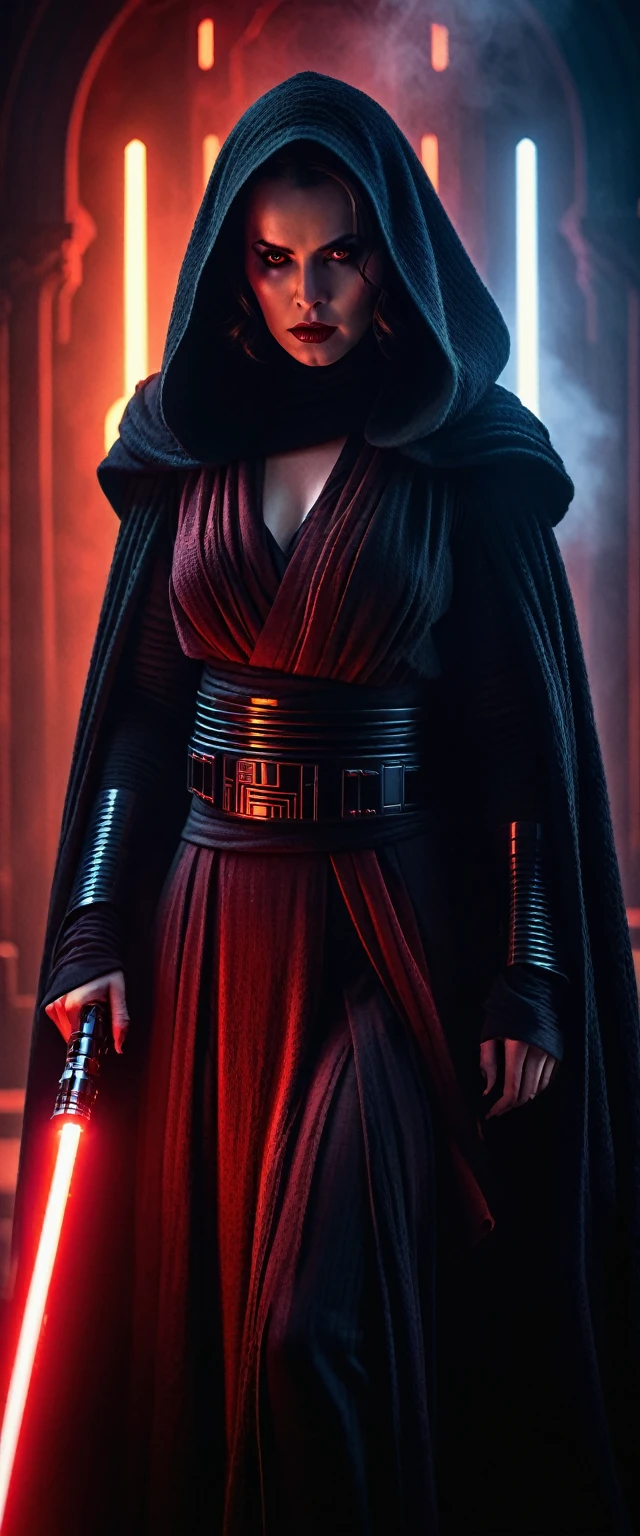 a female Sith lord in a dark, cinematic Star Wars setting, highly detailed, dramatic lighting, volumetric fog, dramatic camera angles, intricate costume design, glowing red lightsaber, intense facial features, piercing yellow eyes, fierce expression, flowing black robes, gothic architecture in the background, moody color palette with deep shadows, cinematic composition, photorealistic, 8k, hyper-detailed