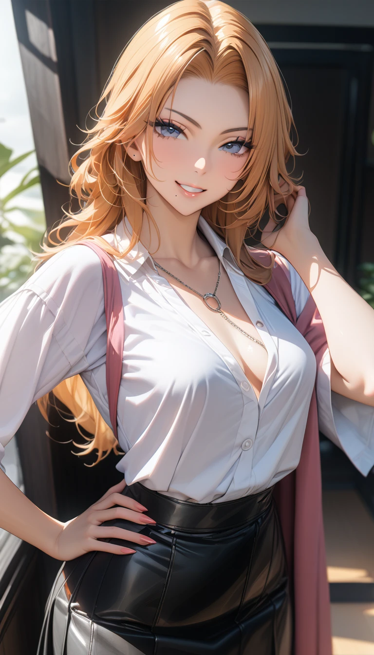 ((最high quality, 8K, masterpiece)), High resolution、（high quality: 1.5）、Very detailed、Detailed face、Bright colors、Natural light、Fine grain、Colorful eyes、Beautiful Face、Highly detailed face texture of a woman,masterpiece, 最high quality, Detailed and beautiful eyes,最high quality、Best image quality、masterpiece,girl,smile,matsumoto rangiku,orange hair,Small Breasts),grin,,white shirt,gray skirt,hand on hip,mole under mouth,Just beautiful,masterpiece,Alluring、最high quality、so beautiful,High resolution,1girl, 独奏,make up,smile,mature female,make,(masterpiece:1.2)、(最high quality:1.2)、Latest Glossy Skin