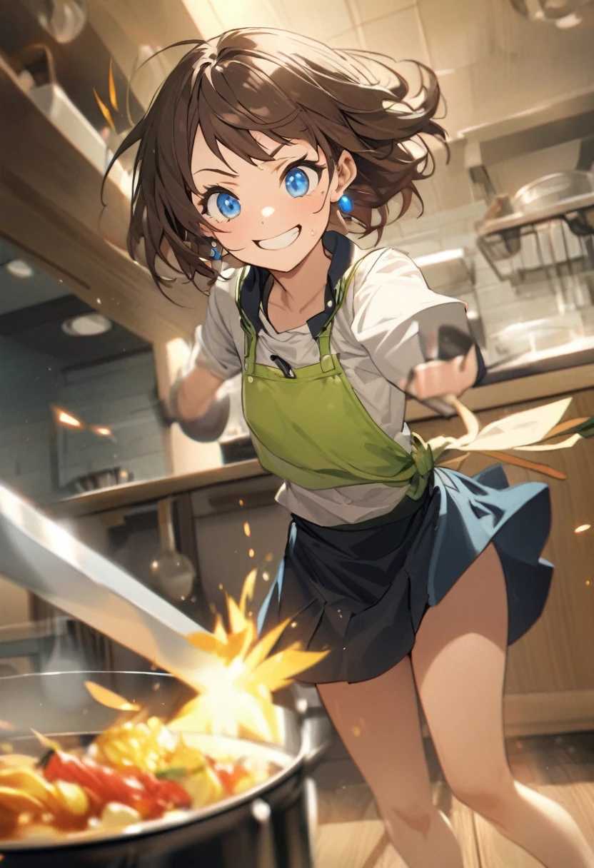 Brat, ((masterpiece)), High resolution, 、girl、 Brown Hair、Short Bob、((smile、Grin))、Excited、Sweating all over the body、Bright Blue Eyes、smile、((Grin))、Earrings、(((Cooking with a sword)))、Sparks fly、Disturbed、Strong light、Strong winds、highlight、Motion Blur、Simple armor(mini skirt、wind lift:1.0)、Shallow depth of field、cook、Fantastic、tense、Powerful cooking、Fresh ingredients、Cook the perfect dish