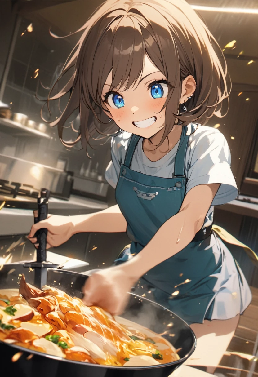 Brat, ((masterpiece)), High resolution, 10 years old、girl、 Brown Hair、Short Bob、((smile、Grin))、Excited、Sweating all over the body、Bright Blue Eyes、smile、((Grin))、Earrings、(((Cooking with a sword)))、Sparks fly、Disturbed、Strong light、Strong winds、highlight、Motion Blur、Simple armor(mini skirt、wind lift:1.0)、Shallow depth of field、cook、Fantastic、tense、Powerful cooking、Fresh ingredients、Cook the perfect dish