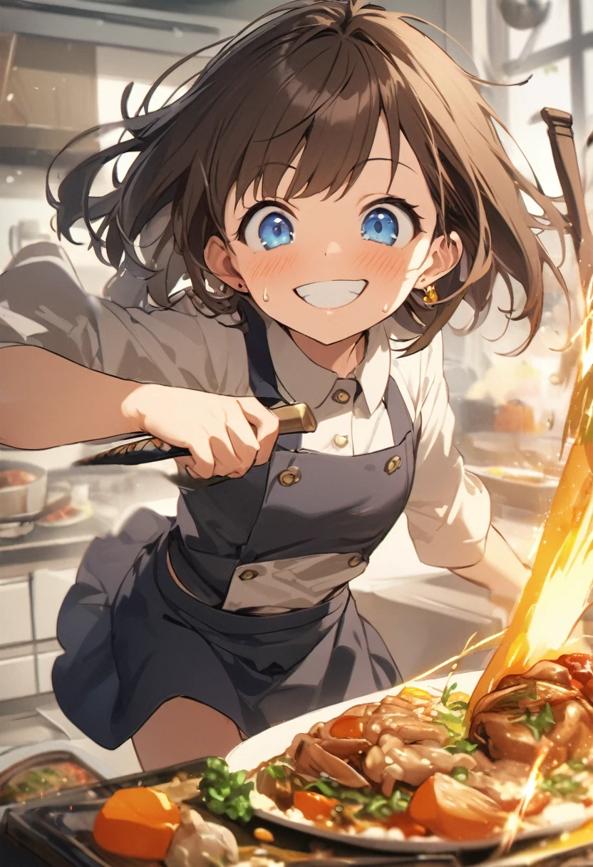 Brat, ((masterpiece)), High resolution, 10 years old、girl、 Brown Hair、Short Bob、((smile、Grin))、Excited、Sweating all over the body、Bright Blue Eyes、smile、((Grin))、Earrings、(((Cooking with a sword)))、Sparks fly、Disturbed、Strong light、Strong winds、highlight、Motion Blur、Simple armor(mini skirt、wind lift:1.0)、Shallow depth of field、cook、Fantastic、tense、Powerful cooking、Fresh ingredients、Cook the perfect dish