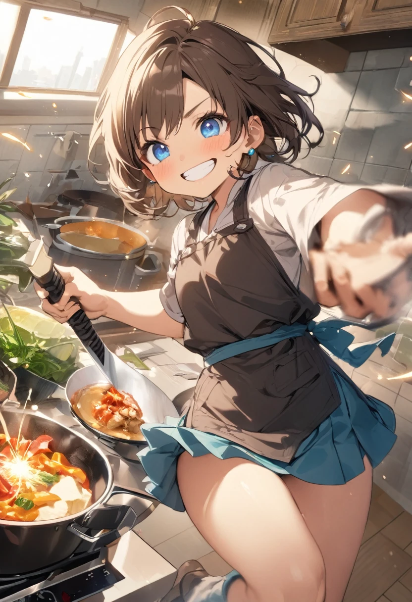 Brat, ((masterpiece)), High resolution, 10 years old、girl、 Brown Hair、Short Bob、((smile、Grin))、Excited、Sweating all over the body、Bright Blue Eyes、smile、((Grin))、Earrings、(((Cooking with a sword)))、Sparks fly、Disturbed、Strong light、Strong winds、highlight、Motion Blur、Simple armor(mini skirt、wind lift:1.0)、Shallow depth of field、cook、Fantastic、tense、Powerful cooking、Fresh ingredients、Cook the perfect dish