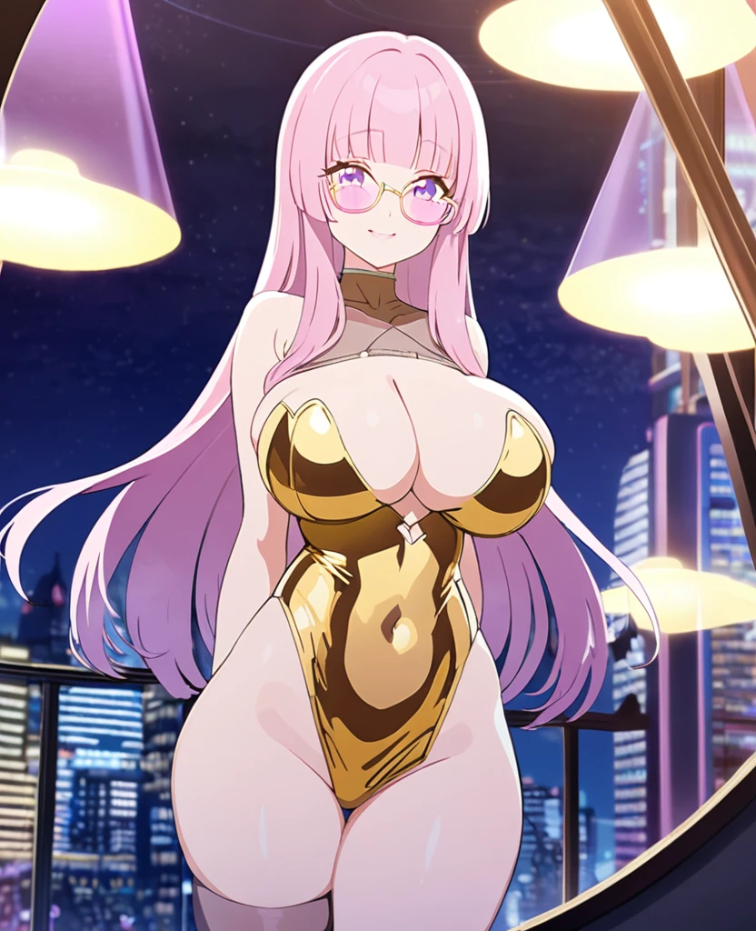 girl, light pink hair, hime cut, long hair, erotic gold bodycon, J cup breast, thicc thigh, hourglass figure, nighttime city, clear view, charming smile, pink love shape glasses