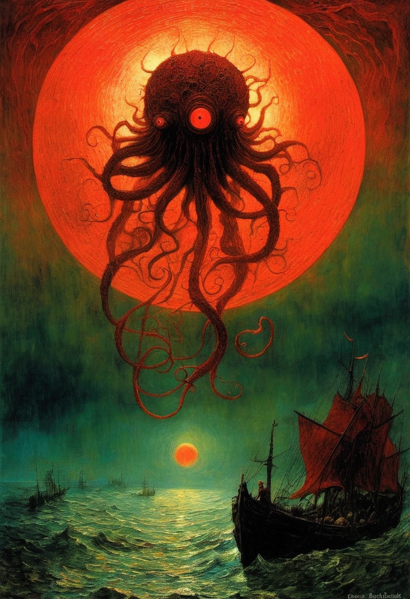 Mythical creatures, author:Zdzislaw Beksiński and Vincent van Gogh, Red moon and big eyeucha、Cthulhu