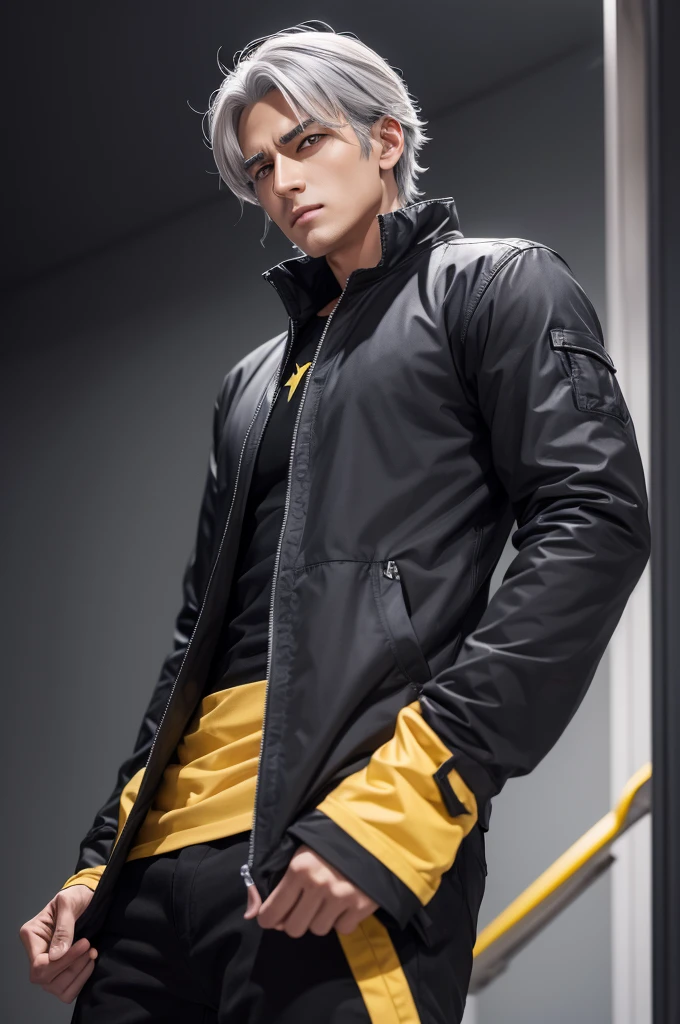 Male character with gray hair and yellow eyes and black clothes