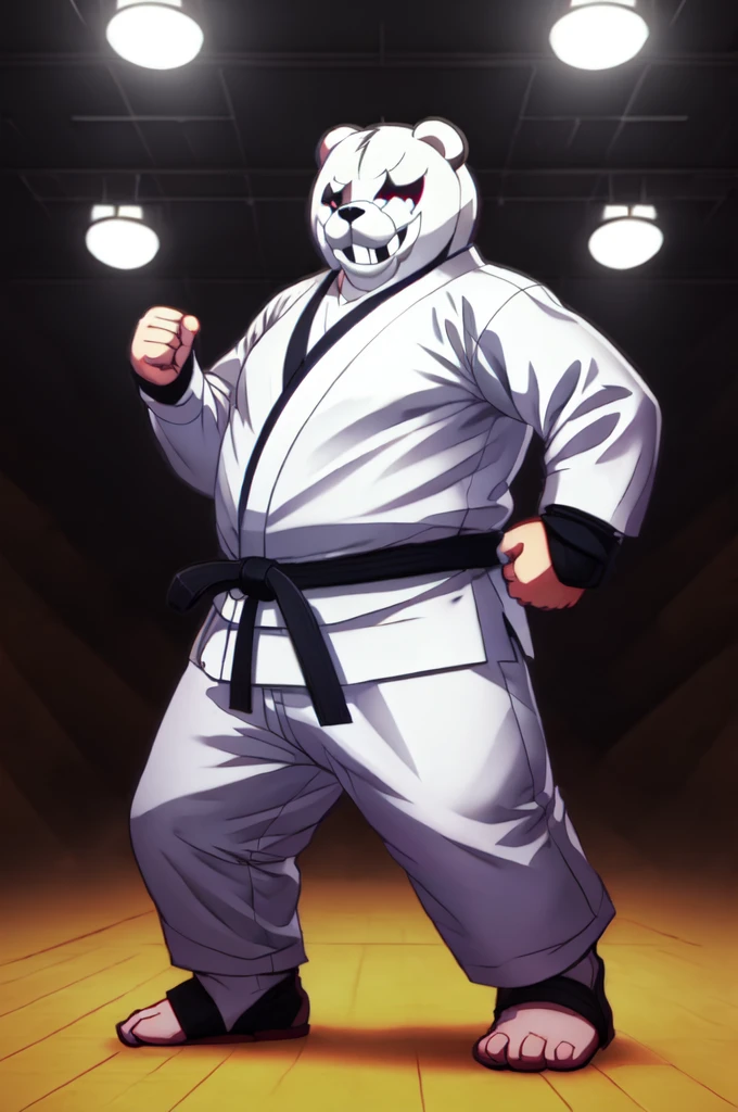 (((Barefoot furry character, full body, cinematic setting, furry male, plantigrade)))

(((monokuma))), bear, grin, teeth, half black and half white, judo, blue kimono, (((ankle braces))), (((martial art footwear)))

BREAK, masterpiece, ((detailed background)), ((dynamic background)), 8K, (masterpiece:1.5), intricate details, highly detailed, extreme detail, octane render, unreal engine, fine art, best quality, highres, (detailed face:1.5), ((full_body)), UHD, (((perfect hands))), low light, set at night