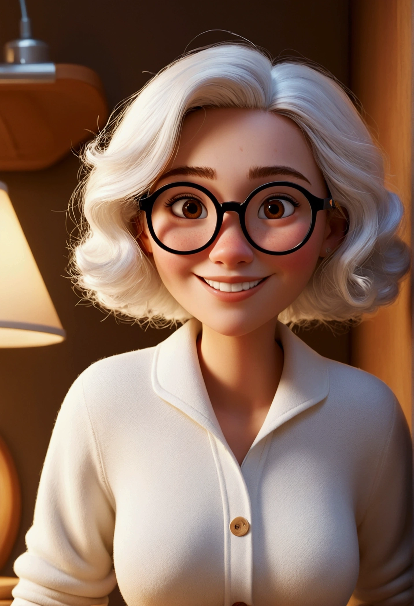 Image de style pixar avec personnage 3D lunettes blanches femme blanche cheveux longs et bouclés, Maquillage disney,fisherman, mignon, smiling ,close, pixar, disney, Cinema lighting, Light brown eyes. in a room under a bed