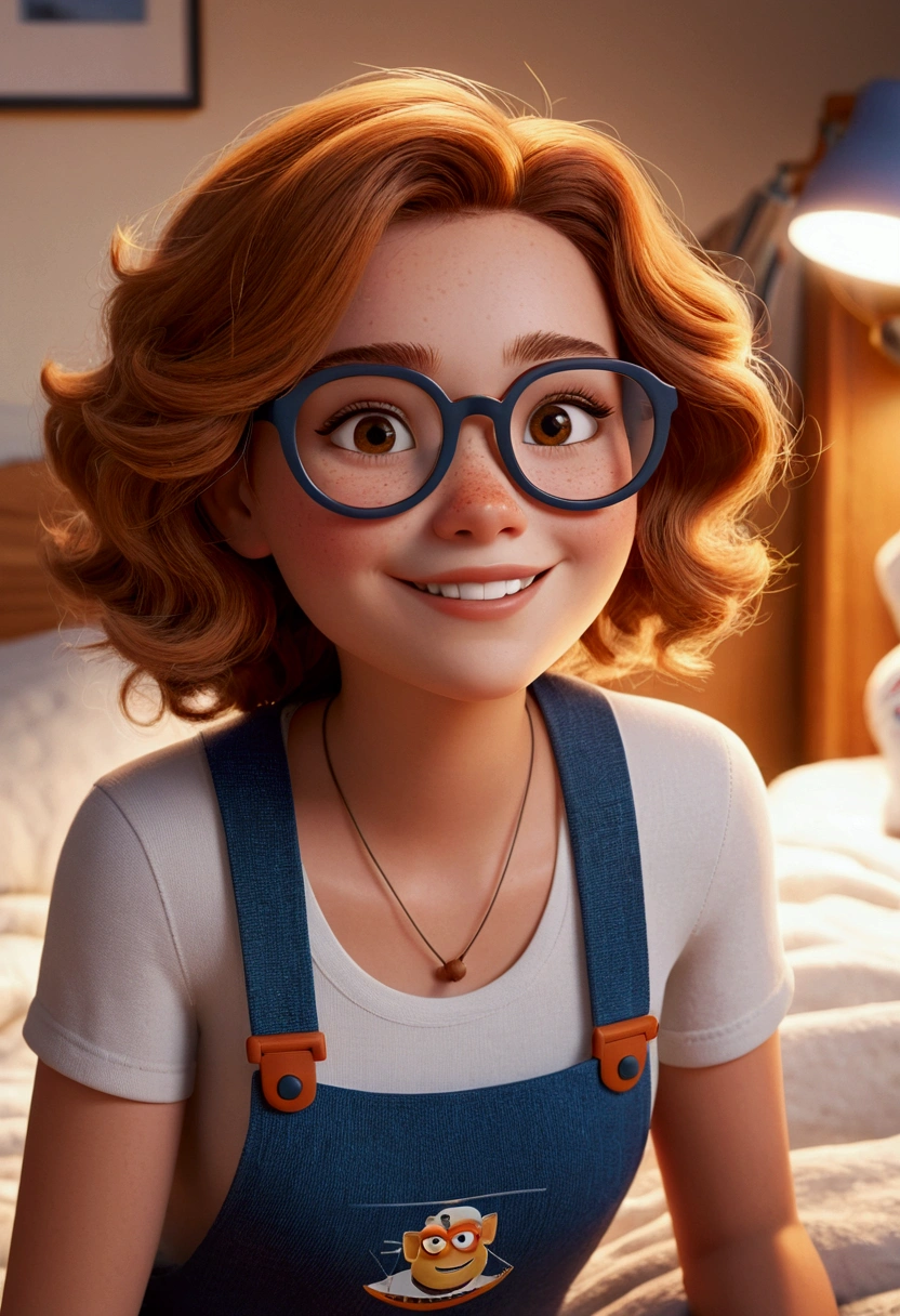 Image de style pixar avec personnage 3D lunettes blanches femme blanche cheveux longs et bouclés, Maquillage disney,fisherman, mignon, smiling ,close, pixar, disney, Cinema lighting, Light brown eyes. in a room under a bed