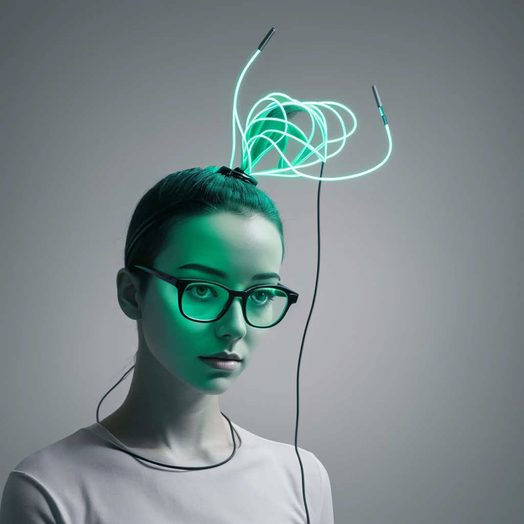 3D image, digital painting of a (minimalist artwork) sad brain with wires connected to a computer, very melancholic, full portrait, with large black glasses handmade, clear and intense body silhouette in pink green tones, White background, that captures the essence of modern minimalism, Allow negative space for reinforcement Overall stands in model pose in neon green glowing, stylish concept design and carries a blocked