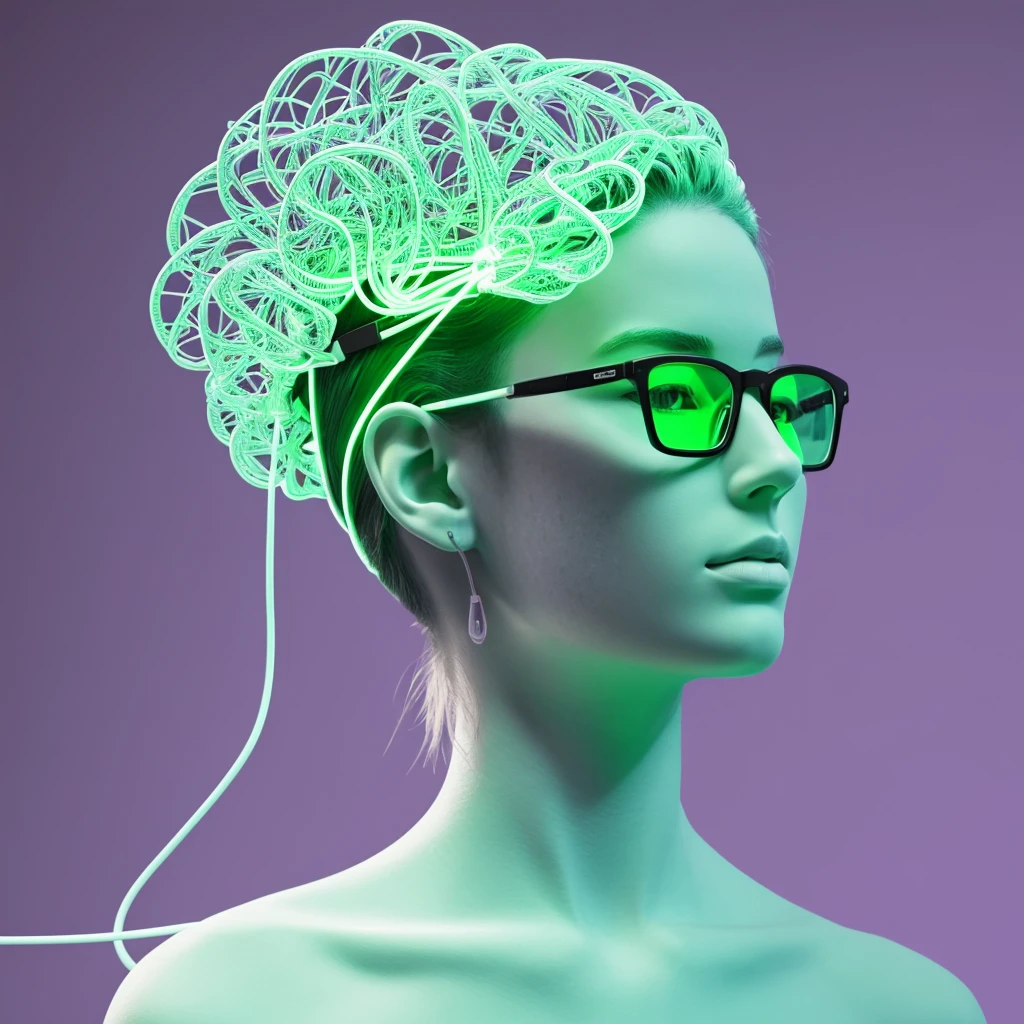 3D image, digital painting of a (minimalist artwork) sad brain with wires connected to a computer, very melancholic, full portrait, with large black glasses handmade, clear and intense body silhouette in pink green tones, White background, that captures the essence of modern minimalism, Allow negative space for reinforcement Overall stands in model pose in neon green glowing, stylish concept design and carries a blocked