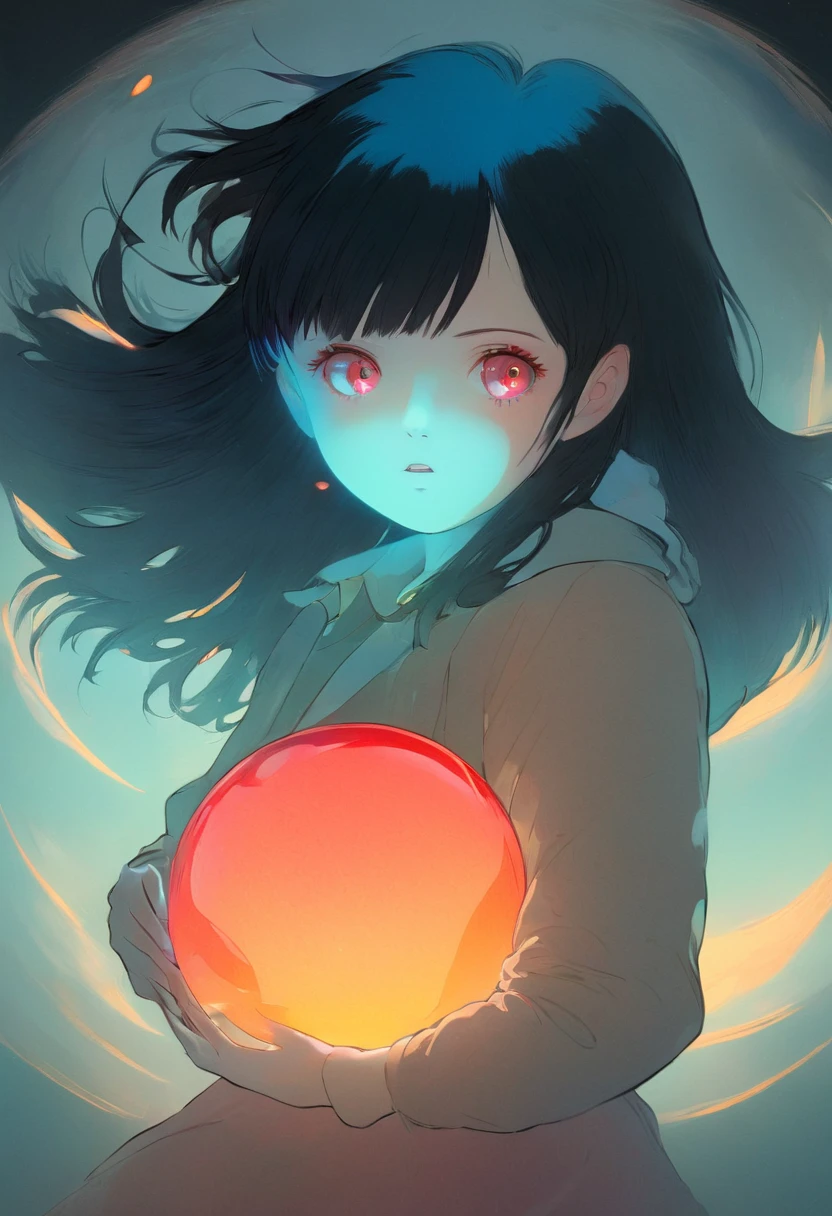(masterpiece, Highest quality:1.2), a girl with black hair, red eyes, artwork, holding a translucent ball, extravagant and illustrative, dreamy color palette, cyan and amber, cinematic lighting, best quality, high quality, intricate, absurdres, very detailed, extremely high resolution, depht of field, 8k, (Studio Ghibli:1.4).