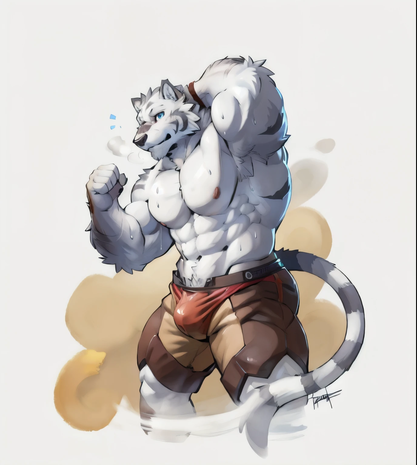 mercenary (grimoire of zero), anthro tiger. 4k, high resolution, best quality, posted on e621, solo, full height, anthro body, older male, masculine:1, male, very masculine, slim, ripped:1 muscles, (correct anatomy):1, (white background, no background:1.2), (bare torso:1.1), white fur, bare chest, (wearing shorts), paws, big:1 paws, thick paws, (detailed eyes:1.2), rough muzzle, sexy, (cel shaded:1.2), (sweat:1.5), visible breath, sweat:1, (watercolors:1.2), confident, proud, (vascular, veins:1.1), (full body):1, flustered, shy, flexing, muscular, lobo, the second, large pectorals, venous muscles, Huge muscles, flexing, wearing speedo, smilin(by takemoto arashi, by meesh, by Taran Fiddler)