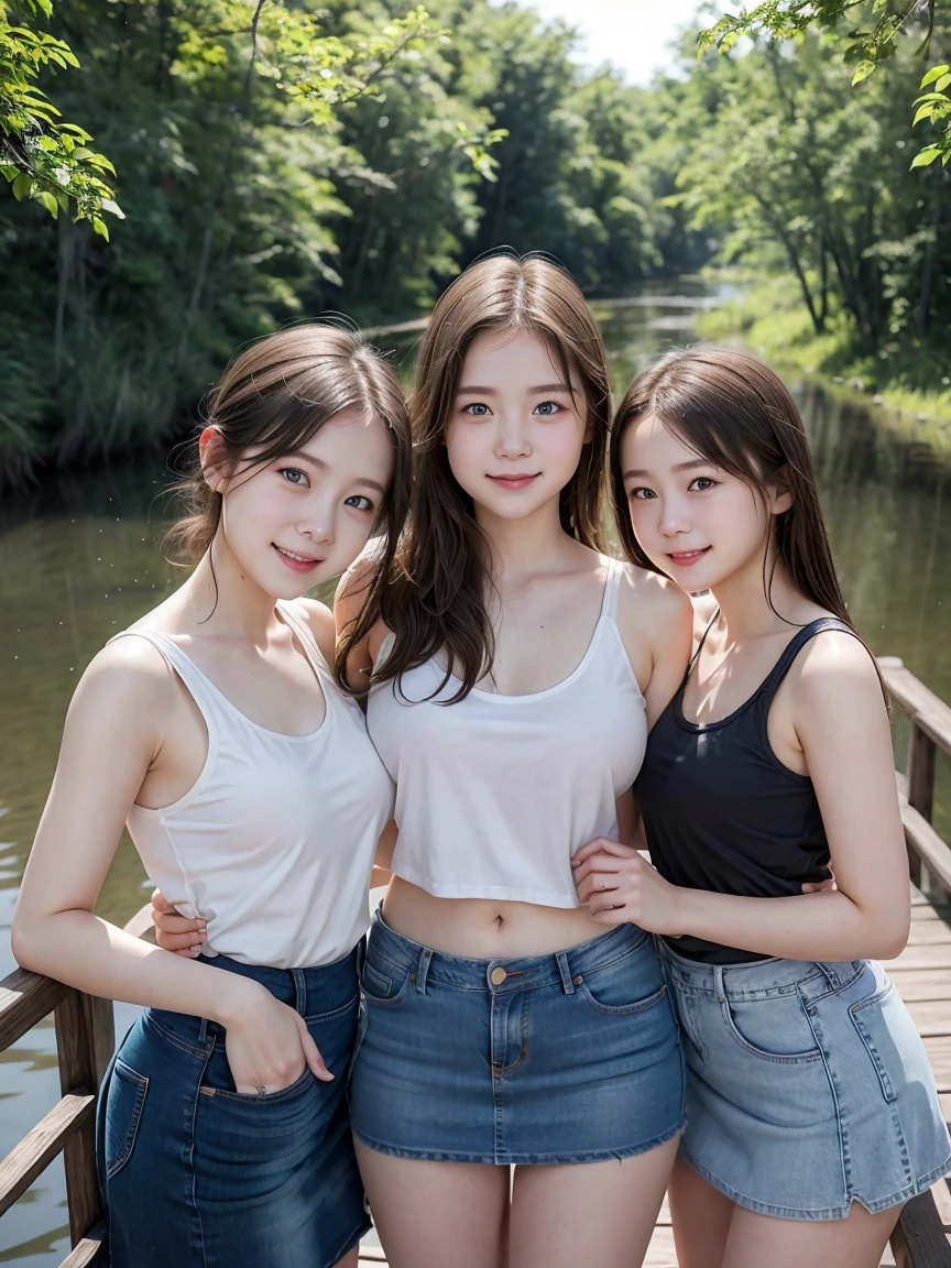 (3 girls), young faceอินโดนีเซีย, 12 years,smile, white skin, Round breast, blue eyes, ((Wear a tank top and jeans skirt.., On a hot summer day, Show your shoulders.))Masterpiece, Highest quality, 8K, beautiful girl, young face、 photography, Cute face, thigh,On a wooden bridge in the swamp, Embarrassing、รอยsmile、((((((อายุ 12 years))))))、small waist、 ((big breasts))