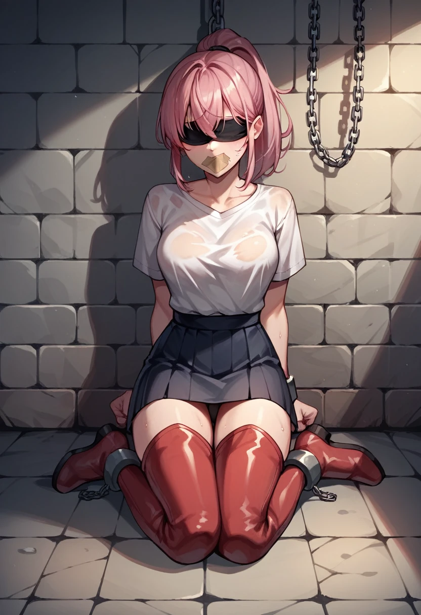 check_9, check_8_up, check_7_up, check_6_up, check_5_up, check_4_up, source_Anime, 1 woman, BDSM, value, pink hair, ponytail, blindfold, tape your mouth shut, WW chain, thin shackles, Make your hands behind, dirty hair, Sweaty Shirt, skirt, red thigh-high boots, night, answer, dungeon, Best quality, answer, 4k uhd,