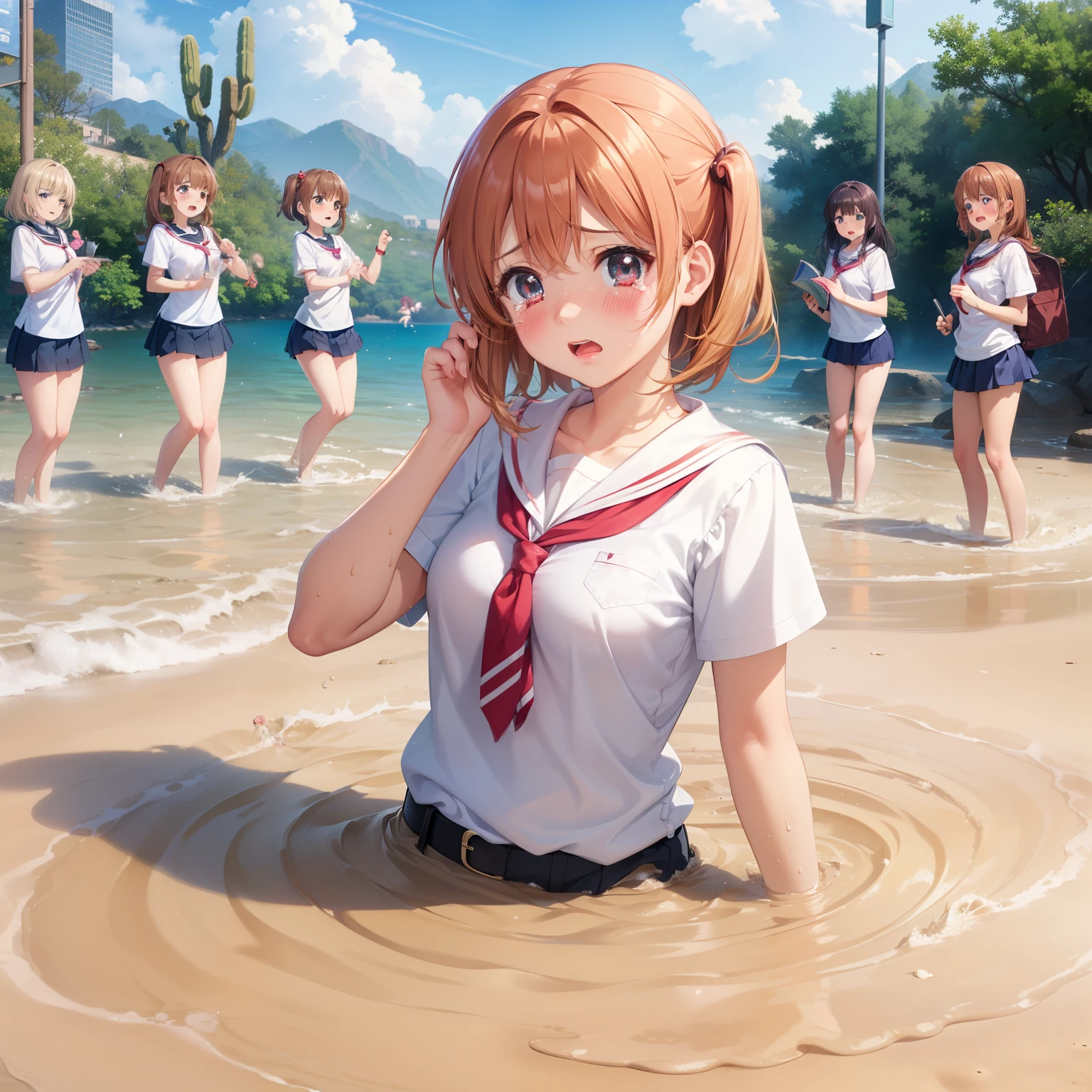 masterpiece, best quality, highres, (5girls), (multiple girls:1.5), blush, anime CG style, good lighting, desert, sand, (quicksand, partially submerged), (upset, tears in her eyes), kinomoto sakura, aichan, mikuru1, breasts, school shirt, (5 girls sinking)