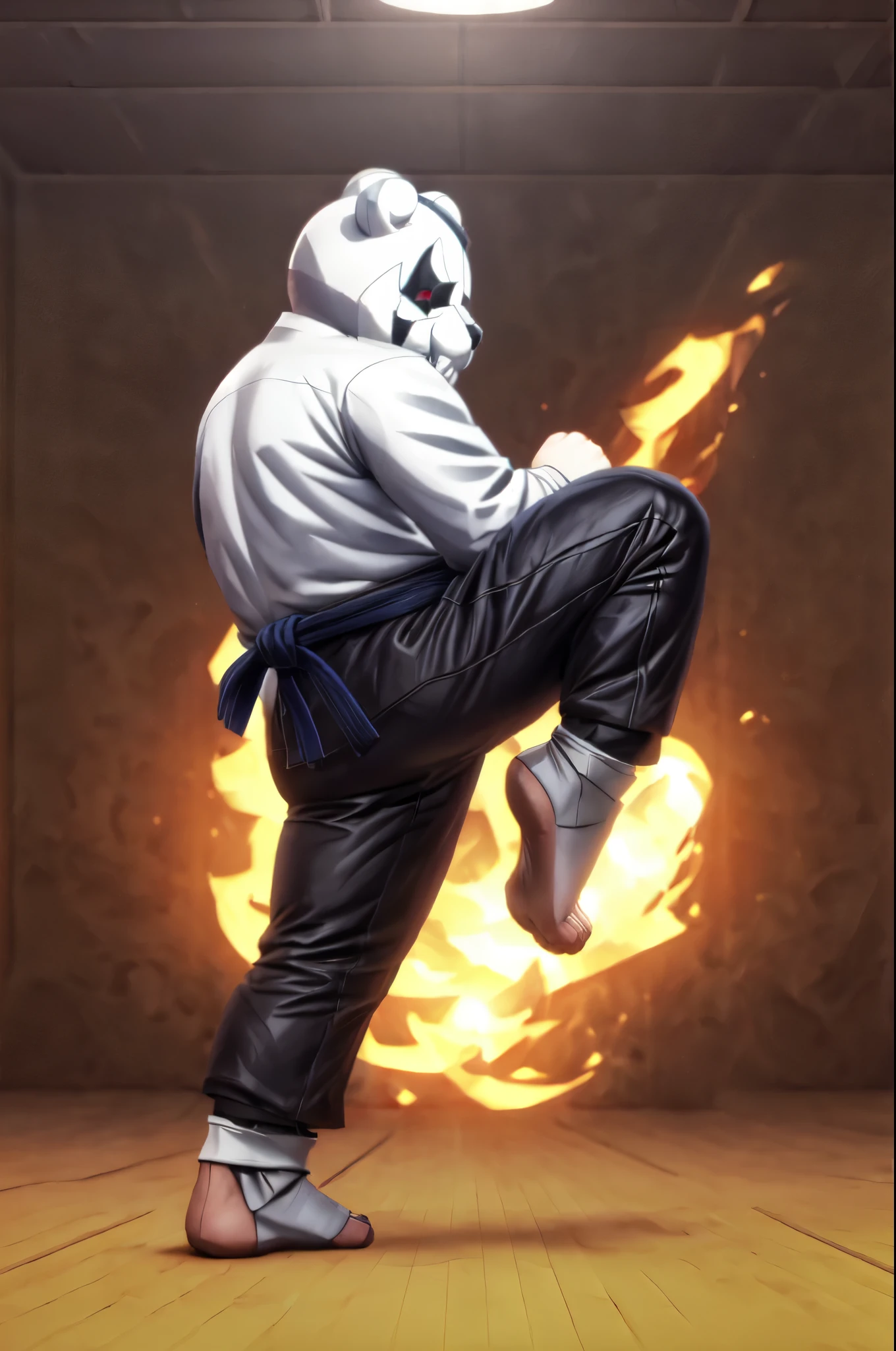 (((Barefoot furry character, full body, cinematic setting, furry male, plantigrade)))

(((monokuma))), bear, grin, teeth, half black and half white, judo, blue kimono, (((ankle braces))), (((martial art footwear)))

BREAK, masterpiece, ((detailed background)), ((dynamic background)), 8K, (masterpiece:1.5), intricate details, highly detailed, extreme detail, octane render, unreal engine, fine art, best quality, highres, (detailed face:1.5), ((full_body)), UHD, (((perfect hands))), low light, set at night