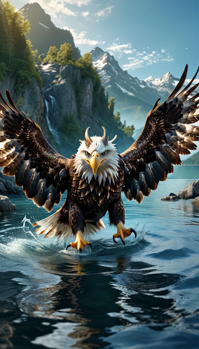 Panorama，There is a beast in the water，Looks like an eagle，The head has double horns（best quality，4K，8K，High level，masterpiece：1.2），Ultra Detailed，（lifelike，Photo real，Photo real：1.37），Highly detailed animals，Complex patterns，Realistic lighting，Fantasy Creatures